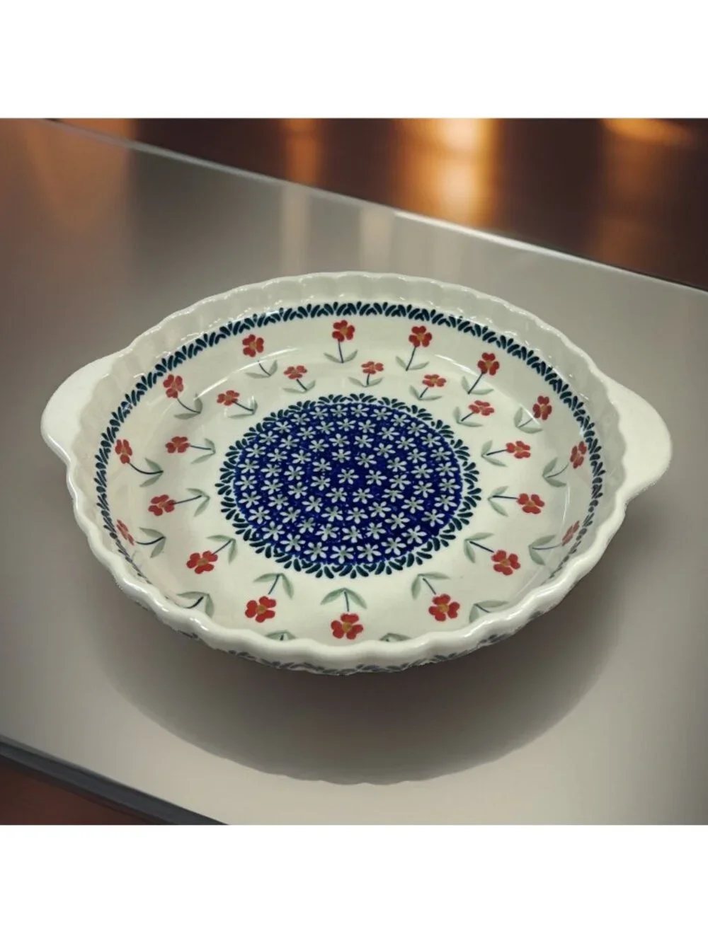 Ceramika z Boleslawca 501 Round Stoneware Pie Dish 9.5” Floral W/ Handles Poland